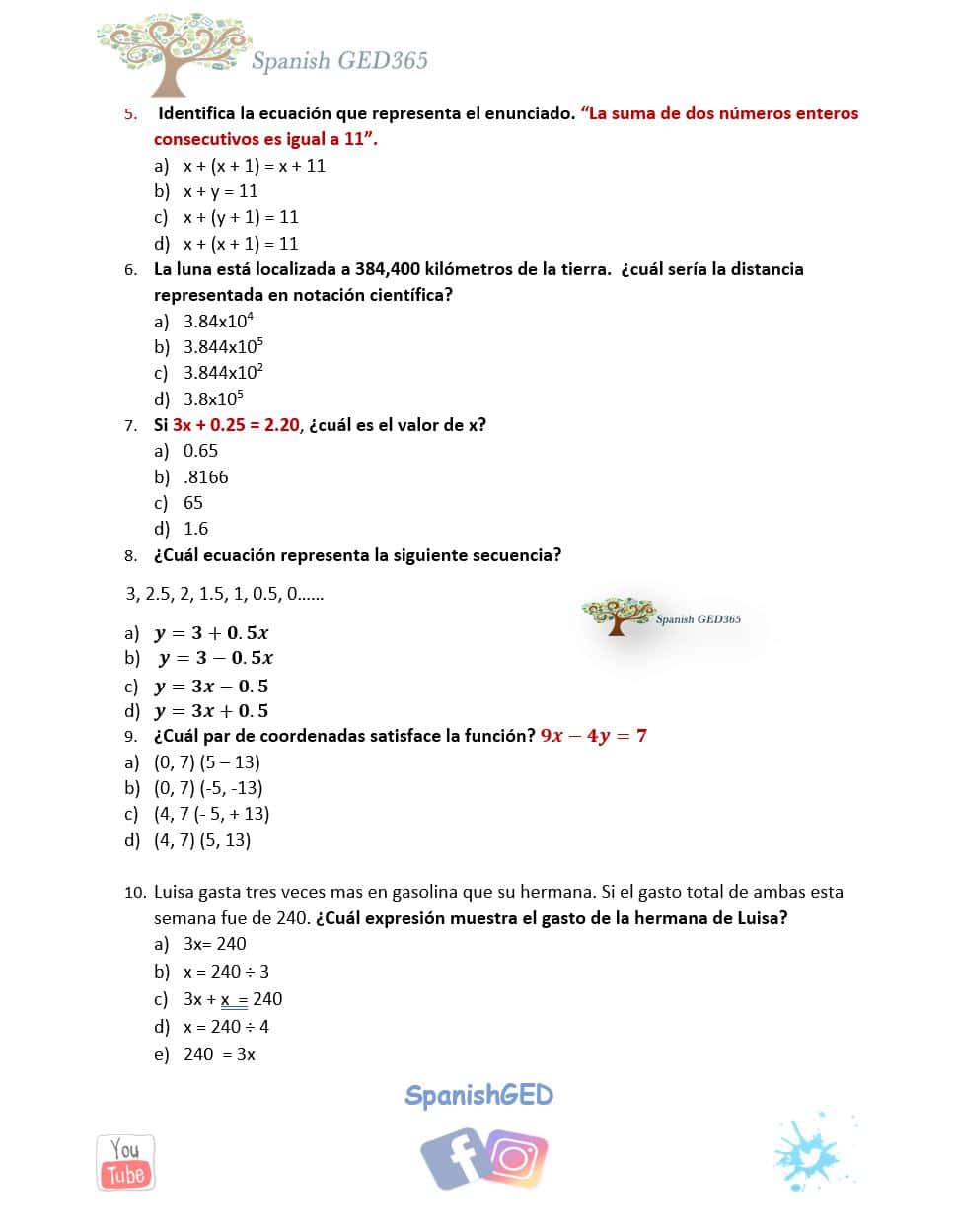 Examen de practica lgebra spanish ged 365
